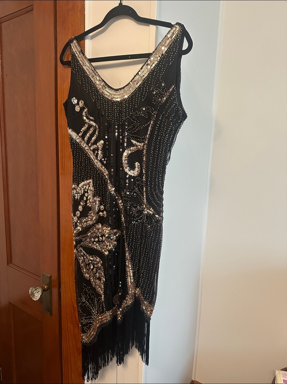 Black Sequin Evening Dress with Gold Embellishment